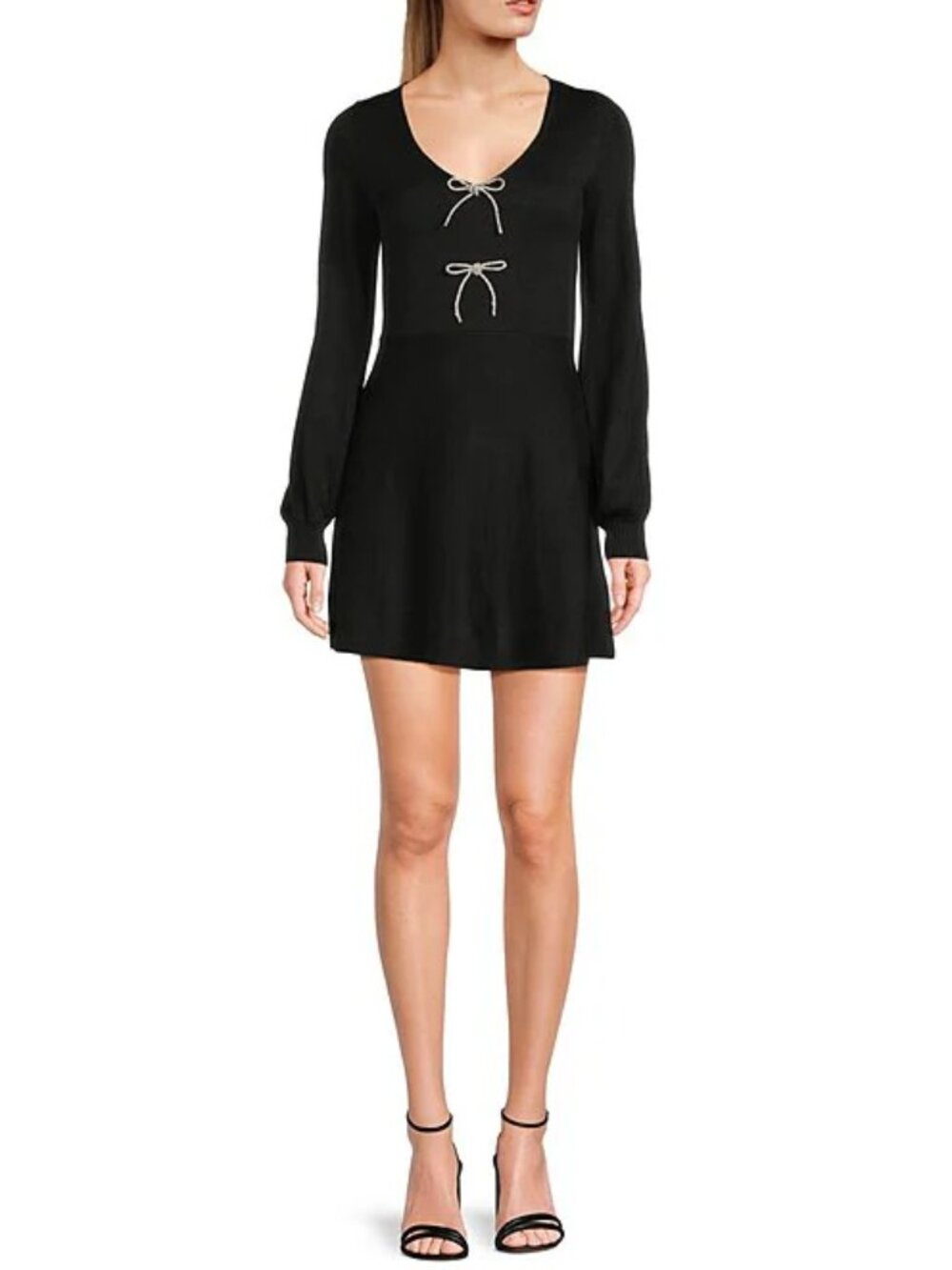 NWT Black Midnight Doll V-Neck Rhinestone Bow Front Long Sleeve Sweater Dress